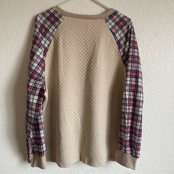 NWT Apricot Textured Top With Plaid Sleeves, Casual, Long Sleeve Blouse - Picture 2 of 11
